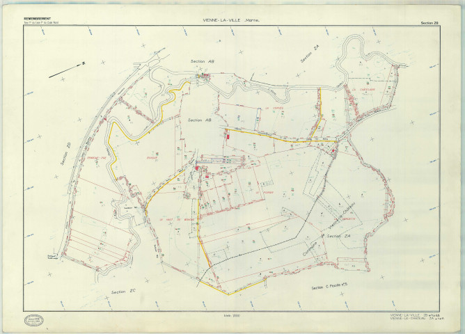 Vienne-la-Ville (51620). Section ZB échelle 1/2000, plan remembré pour 1977 (extension Vienne-le-Château section ZA), plan régulier (papier armé)