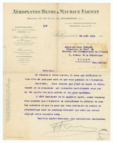Une lettre tapuscrite à papier en-tête "Aéroplanes Henri & Maurice Farman" adressée à Paul Thezard, 28 août 1913