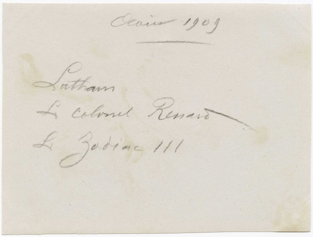 L'aviateur Hubert Latham, le colonel Renard, le Zodiac 111, août 1909