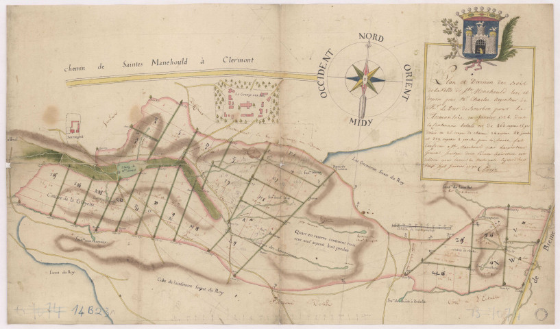 Plan et division des bois de la ville de Ste Menehould, 1790.