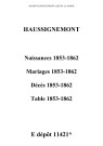 Haussignémont. Naissances, mariages, décès et tables décennales des naissances, mariages, décès 1853-1862