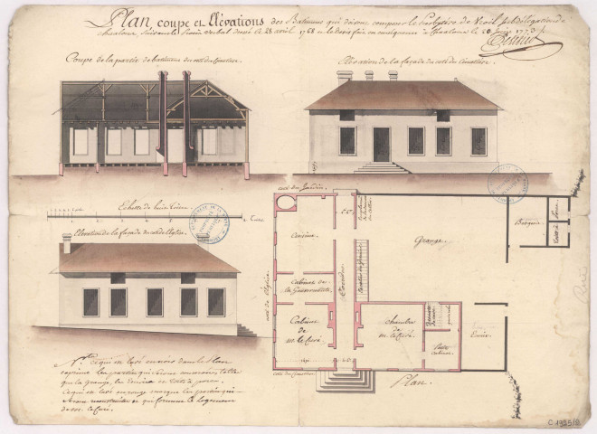 Plan coupe et élévations des bâtiments qui doivent composer le presbytère de Vroil, 1773.