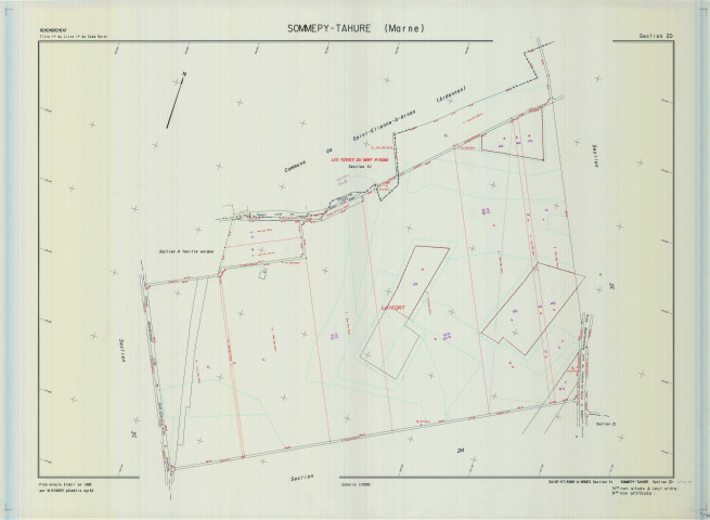Sommepy-Tahure (51544). Section ZD échelle 1/2000, plan remembré pour 1985 (extension Saint-Étienne-à-Arnes (Ardennes) section YJ), plan régulier (calque)