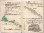 Plan et arpentage du moulin de Courville (1760) , Arpentages et plans de pièces de terre et de vignes sur le terroir de Courville (1760)