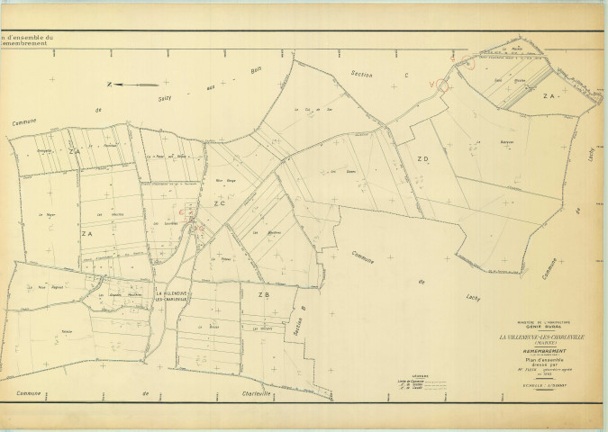 Villeneuve-lès-Charleville (La) (51626). Tableau d'assemblage échelle 1/5000, plan remembré pour 1963 (papier)