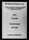 Rivières-Henruel (Les). Décès et tables décennales des naissances, mariages, décès 1873-1882