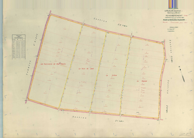 Vraux (51656). Section ZE échelle 1/2000, plan remembré pour 1961, plan régulier (papier armé)
