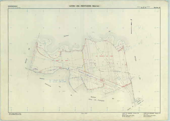 Vitry-en-Perthois (51647). Section ZP échelle 1/2000, plan remembré pour 1974 (extension sur Vitry-le-François ZA), plan régulier (papier armé)