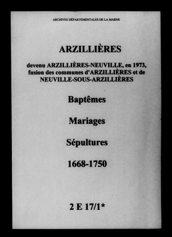 Arzillières. Baptêmes, mariages, sépultures 1668-1750