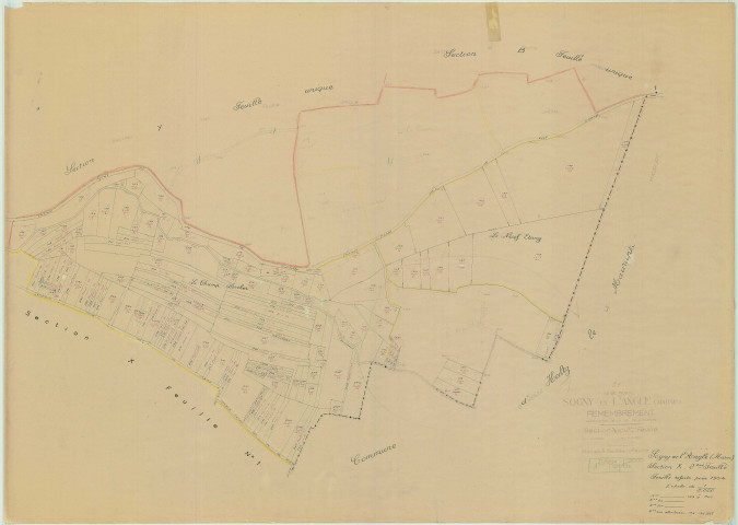 Sogny-en-l'Angle (51539). Section X2 2 échelle 1/2000, plan remembré pour 1954 (section X2 2e partie), plan régulier (papier)