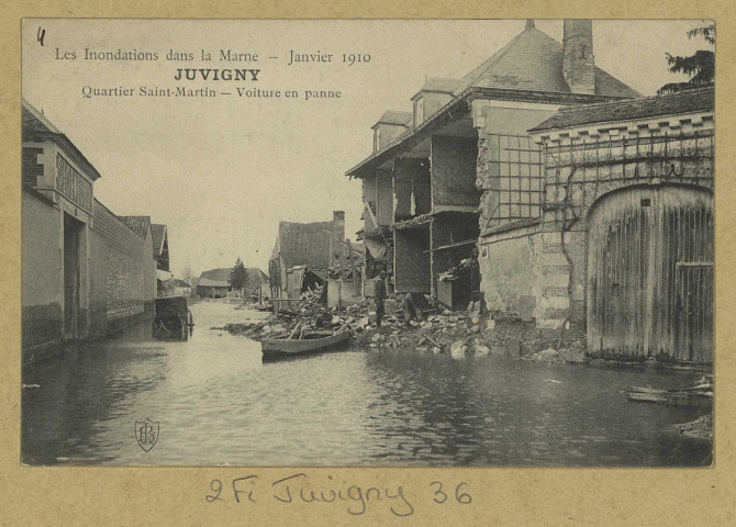 JUVIGNY. Les Inondations dans la Marne. Janvier 1910. Quartier Saint-Martin. Voiture en panne.
L.B.[vers 1910]