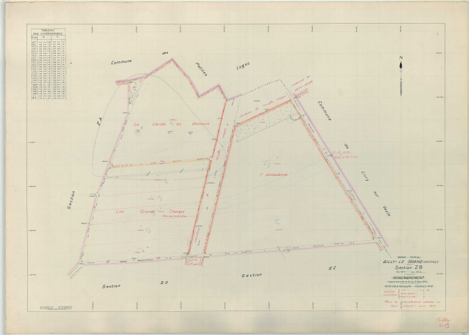 Billy-le-Grand (51061). Section ZB échelle 1/2000, plan remembré pour 1958, plan régulier (papier armé)