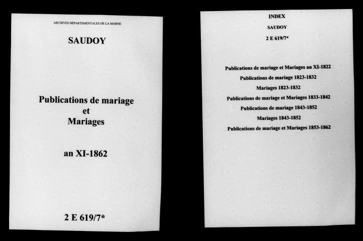 Saudoy. Publications de mariage, mariages an XI-1862