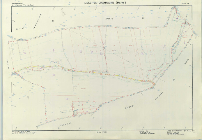 Lisse-en-Champagne (51325). Section ZK échelle 1/2000, plan remembré pour 1982 (extension sur Bassu section ZN), plan régulier (papier armé)