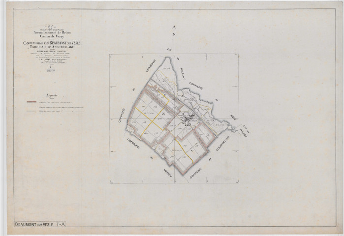 Beaumont-sur-Vesle (51044). Tableau d'assemblage échelle 1/10000, plan établi pour 1922 (papier).