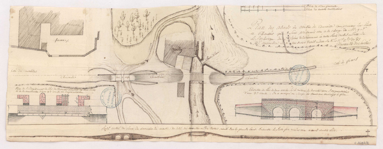 Plan des abords du moulin de Courville, 1781.