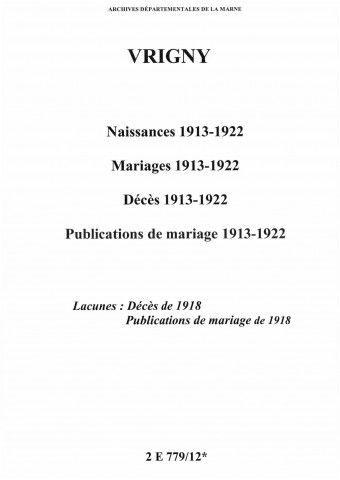 Vrigny. Naissances, mariages, décès, publications de mariage 1913-1922