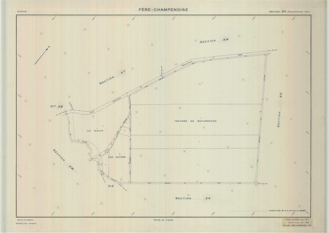 Fère-Champenoise (51248). Section XV échelle 1/2000, plan remembré pour 01/01/1971, régulier avant 20/03/1980 (calque)