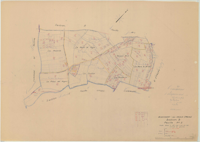 Bignicourt-sur-Saulx (51060). Section D2 échelle 1/2500, plan mis à jour pour 1958, plan non régulier (papier)