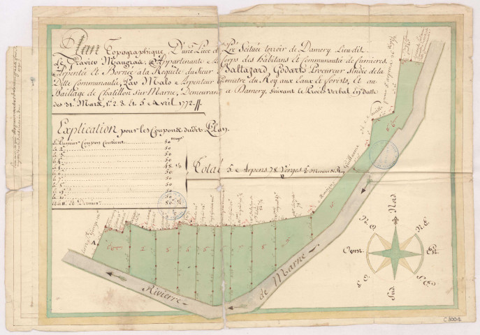 Plan topographique d'une pièce de pré situé terroir de Damery lieu dit Le Gravier Maugraie, XVIIIè s.
