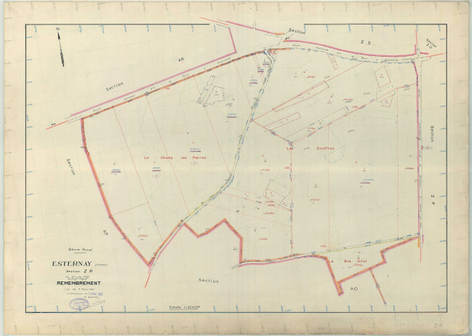 Esternay (51237). Section ZR échelle 1/2000, plan remembré pour 01/01/1965, régulier avant 20/03/1980 (papier armé)