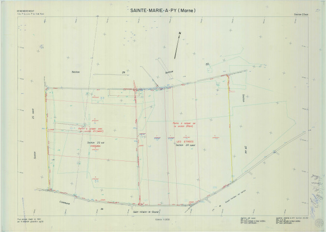 Sainte-Marie-à-Py (51501). Section ZS 1 échelle 1/2000, plan remembré pour 1982 (partie est, extension section ZR ouest), plan régulier (calque)