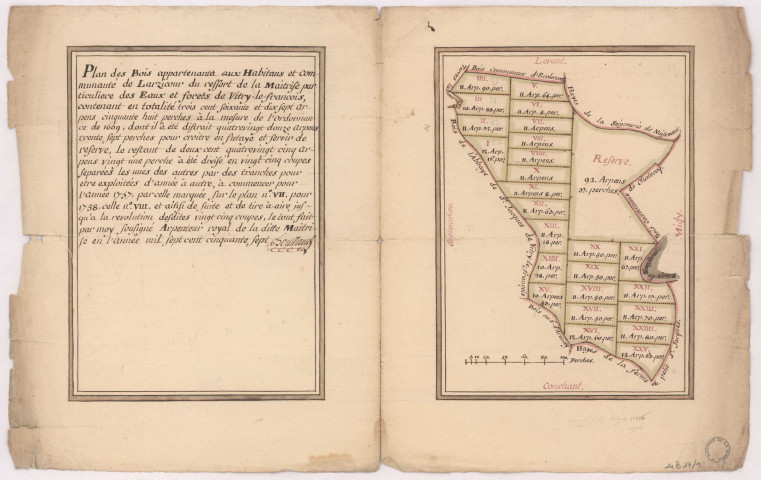 Plan des bois appartenant aux habitants et communauté de Larzicourt, 1757.