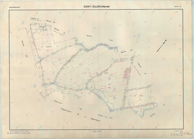 Saint-Eulien (51478). Section ZC échelle 1/2000, plan remembré pour 1975, plan régulier (papier armé)