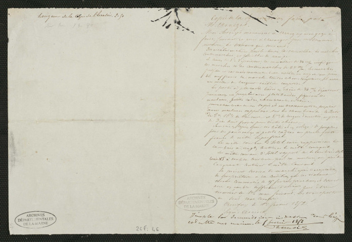 Copie de la soumission pour la construction d'un escalier et de placards pour Me Chamois à Chavanges (8 février 1852).