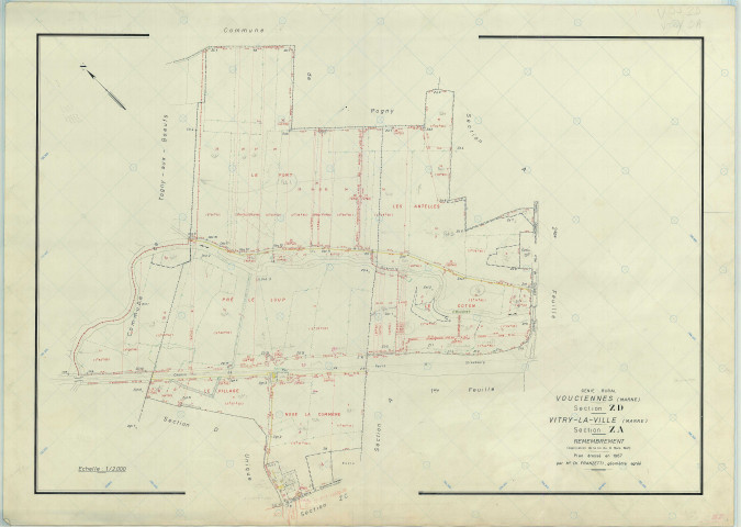 Vitry-la-Ville (51648). Section ZD échelle 1/2000, plan remembré pour 1967 (ACV contient section ZA de Vitry-la-Ville), plan régulier (papier armé)