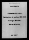 Pouillon. Naissances, publications de mariage, mariages, décès 1823-1832