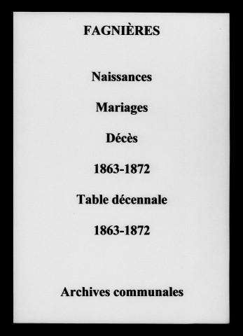 Fagnières. Naissances, mariages, décès et tables décennales des naissances, mariages, décès 1863-1872