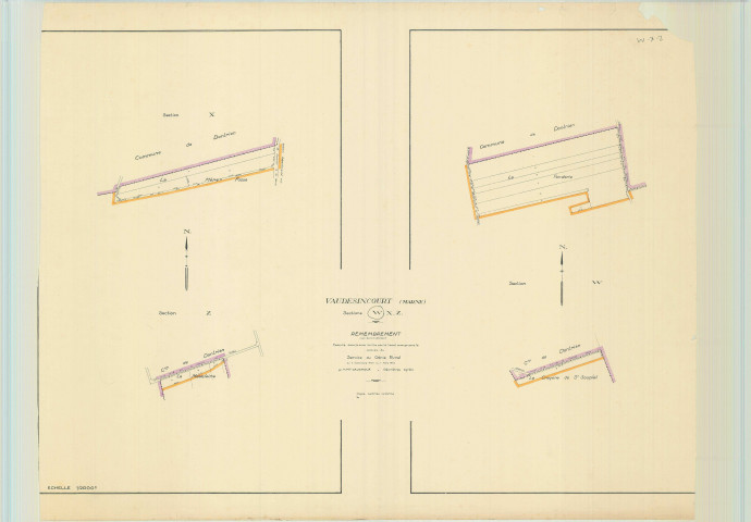 Vaudesincourt (51600). Section WXY échelle 1/2000, plan remembré pour 1956, contient une extension sur Vaudesincourt X, Z, plan régulier (papier).
