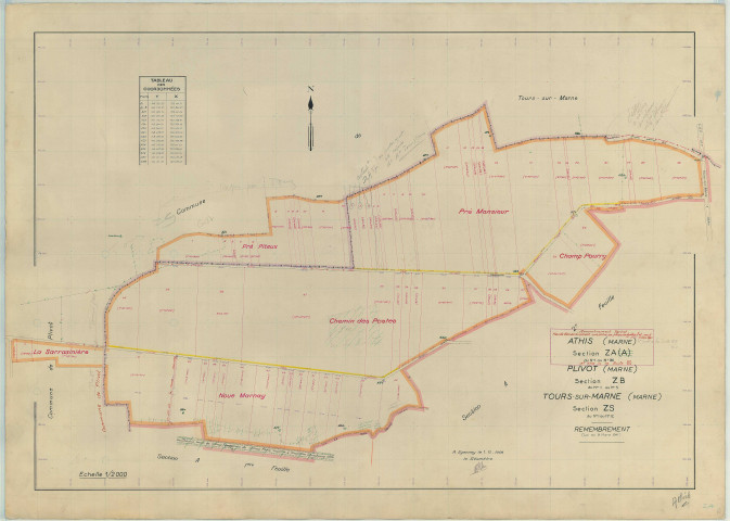 Athis (51018). Section ZA échelle 1/2000, plan remembré pour 1958 (extension sur Plivot section ZB et Tours-sur-Marne section ZS), plan régulier (papier armé)