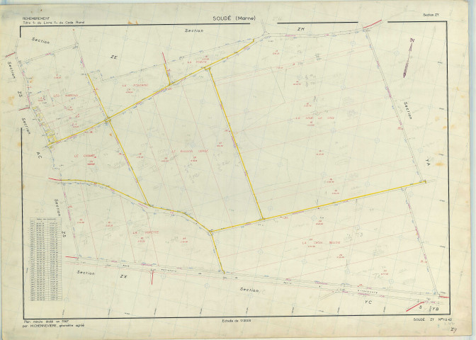Soudé (51555). Section ZY échelle 1/2000, plan remembré pour 1967, plan régulier (papier armé)