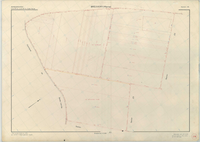 Breuvery-sur-Coole (51087). Section ZB échelle 1/2000, plan remembré pour 1974, plan régulier (papier armé)