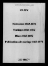 Olizy. Naissances, mariages, décès, publications de mariage 1863-1872