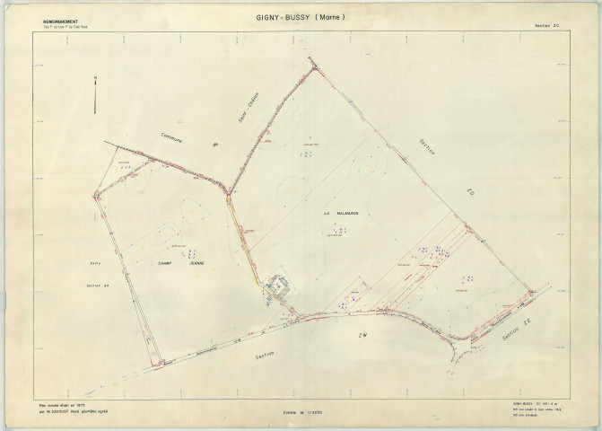 Gigny-Bussy (51270). Section ZC échelle 1/2000, plan mis à jour pour 1975, plan non régulier (papier armé)