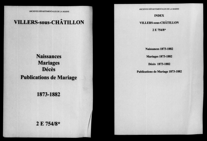 Villers-sous-Châtillon. Naissances, mariages, décès, publications de mariage 1873-1882