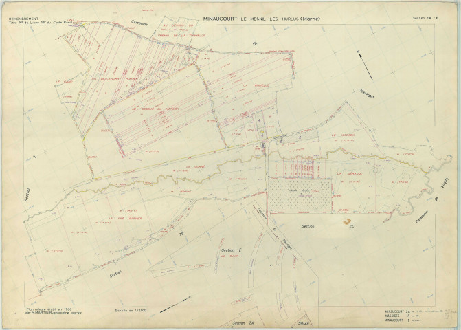 Minaucourt-le-Mesnil-lès-Hurlus (51368). Section ZA échelle 1/2000, plan remembré pour 1966 (contient section E et extension sur Massiges section A), plan régulier (papier armé)