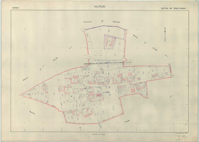 Huiron (51295). Section AB échelle 1/1000, plan renouvelé pour 1957, plan régulier (papier armé)