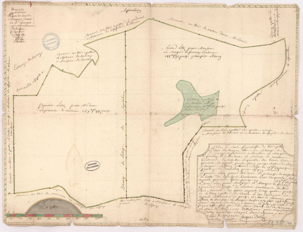 Plan et carte figurative du bois apellé le bois de Maupas situé sur le terroir de Saint-Imoges (1732), Jacques Dolizy