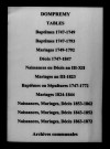 Dompremy. Tables des baptêmes, mariages, sépultures et des naissances, mariages, décès 1747-1872
