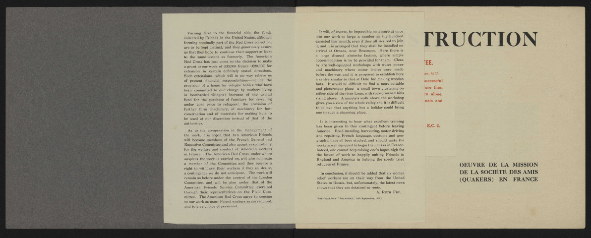 Brochure et autres documents présentant la Mission anglaise des quakers en France (première partie du fonds Bernard Ireland Macalpine)