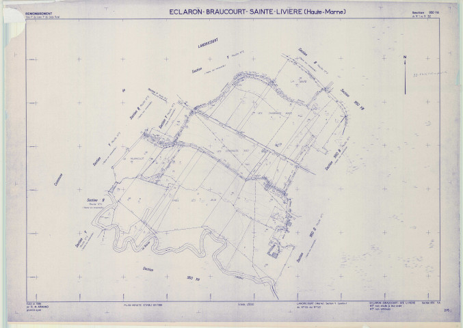 Landricourt (51315). Section YA échelle 1/2000, plan remembré pour 1986 (remembrement d'Éclaron-Braucourt Sainte Livière section YH), plan régulier (papier)