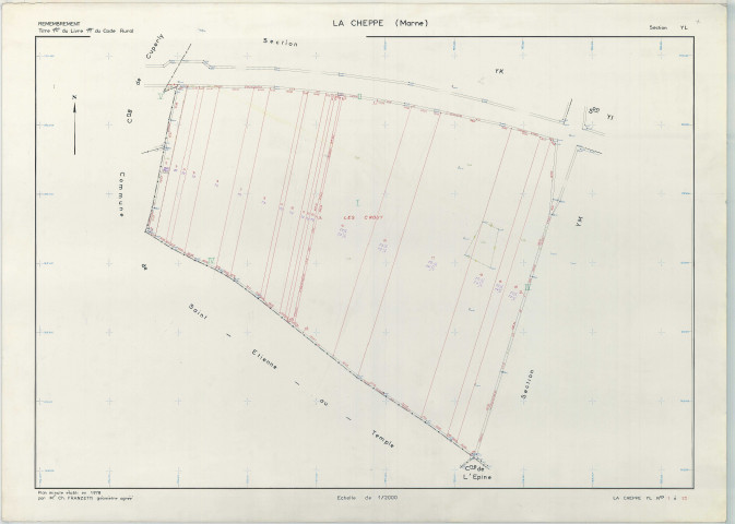 Cheppe (La) (51147). Section YL échelle 1/2000, plan remembré pour 1978, plan régulier (papier armé)