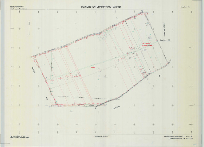Maisons-en-Champagne (51340). Section YV échelle 1/2000, plan remembré pour 1989, plan régulier (calque)
