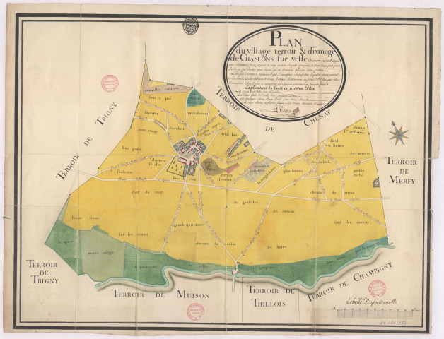 Plan du village, terroir et dixmage de Chaslons sur Vesle (Châlons-sur-Vesle) (1762), Pierre Villain