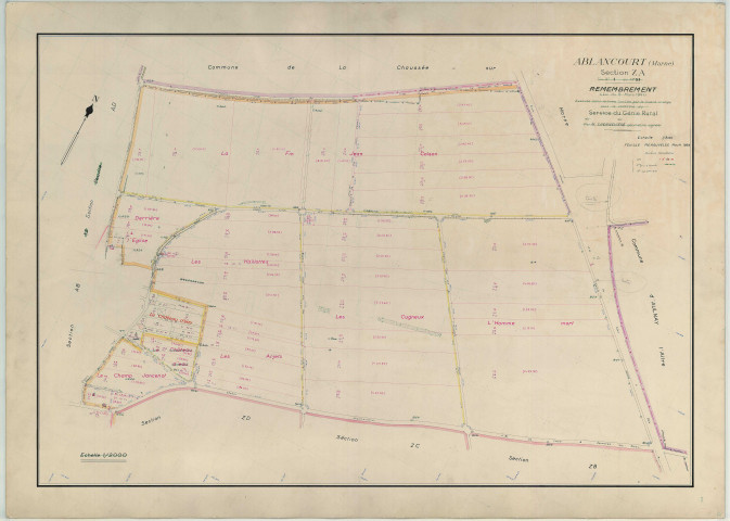 Ablancourt (51001). Section ZA échelle 1/2000, plan remembré pour 1954 (renouvelé pour 1959), plan régulier (papier armé)