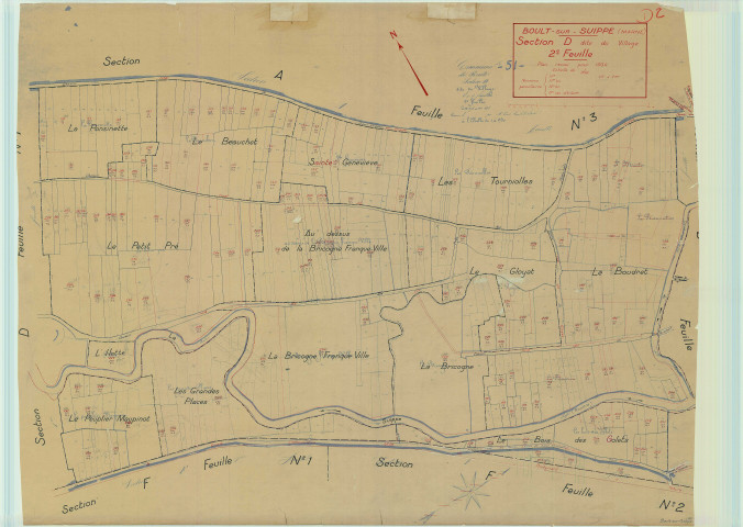 Boult-sur-Suippe (51074). Section D2 échelle 1/1250, plan mis à jour pour 1934, plan non régulier (papier).